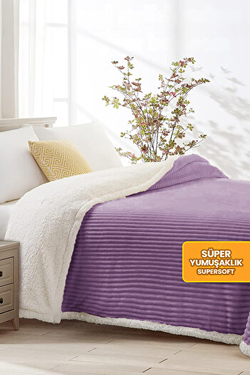 Evlen Home Collection Sherpa Blanket Double Striped Soft Plush Wellsoft Bedspread Purple - Lilac