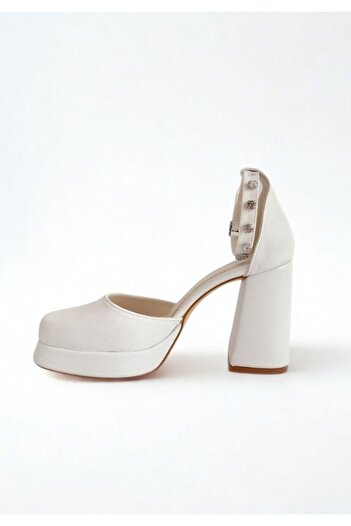 Favi Ayakkabı Stone Detailed White Leather Ankle - Closed Toe Platform Evening Dress Shoes