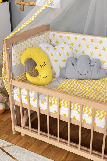 Bamgidoo Doğal Ahşap Beşik Anne Bebek Beşik Organik (BOYASIZ) 60x120 - Sarı Yıldız Uyku Seti Yatak