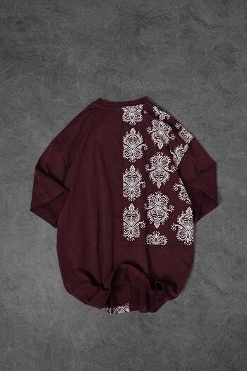 Slatra Men's Burgundy Paisley Special Washed Fabric Oversize Tshirt