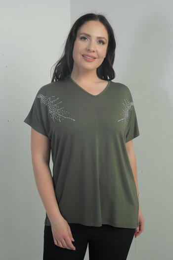 By Saygı Women's Shoulder Stone Printed V-Neck Bat Sleeve B.B. Blouse