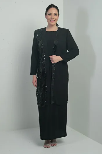 By Saygı Women's Front Pulpayet Chiffon Jacket Lined Sleeves Sandy Long Dress Large Size 2 Piece Set