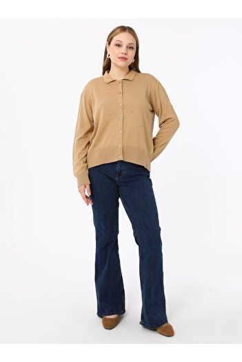 ALİA Large Size Stone Detailed Knitwear Cardigan - Mink - Alia