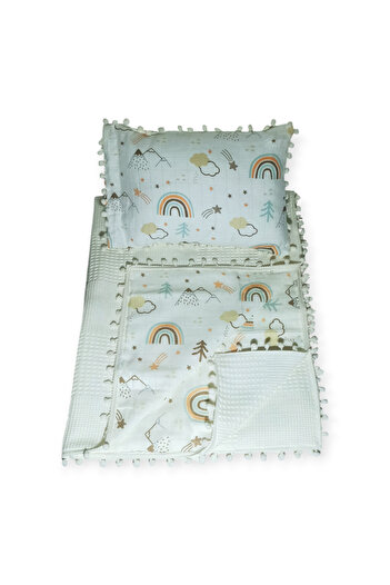Birmelek Piqued Muslin Blanket and Pillow Set - Double Layer Pompom