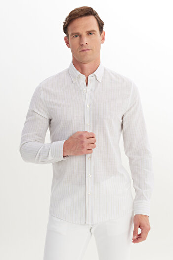 AC&Co / Altınyıldız Classics Erkek Bej %100 Pamuk Slim Fit Dar Kesim Düğmeli Yaka Armürlü Gömlek