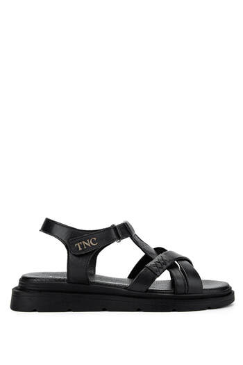 Tamer Tanca Women's Genuine Leather Black Leather Flat Sandals