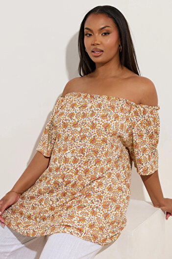 Stil Diva Plus Size Off Shoulder Short Sleeve Button Detail Print Blouse 322680