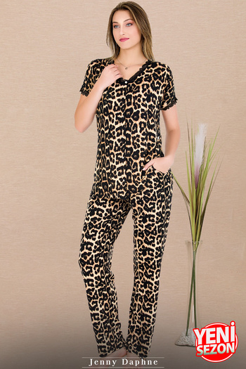 Jenny Daphne Lady Leopard Print Sleepwear Button Top Short Sleeve Pajamas Set 12482