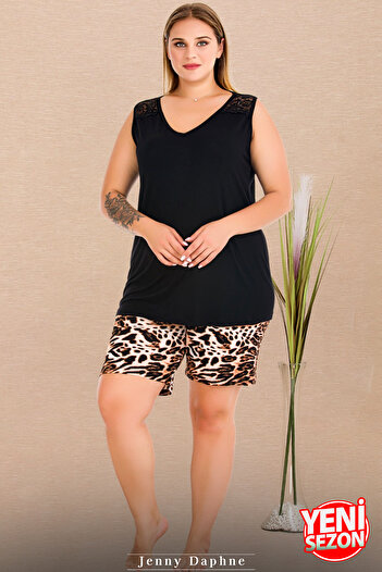 Jenny Daphne Lady Plus Size Leopard Print Shorts Zero Sleeve V Neck Short Sleeve Shorts Pajama Set 10438