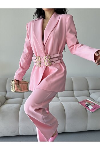 MYGİYİMİSTANBUL Gold Belt Detailed Blazer Jacket Pants Set