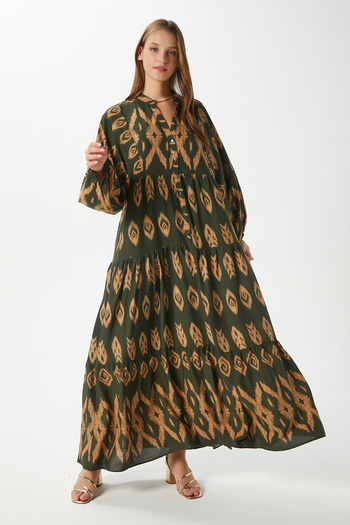 Ritnice Modest Women's Megan 100% Viscose Maxi Length Khaki Layered Balloon Sleeve Long Summer Dress