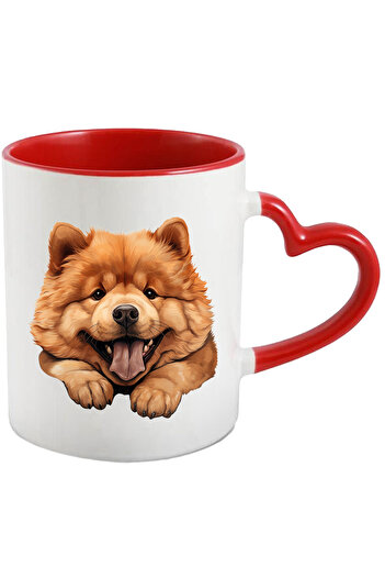 StoryGift Romania Cana cu un caine Chow Chow | ilustratie | limba scoasa | maro deschis | grasut |, Cu Maner Inim STG