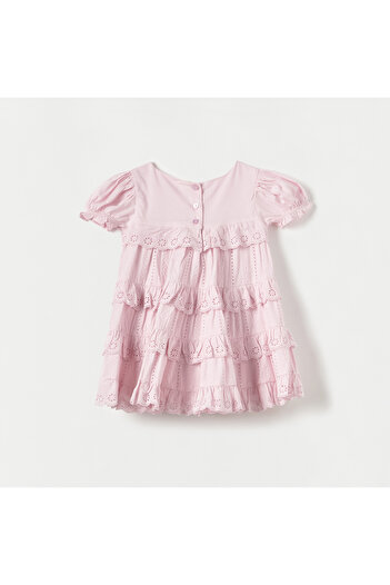 giggles Schiffli Detail A-Line Dress With Short Puff Sleeves And Button Closure
