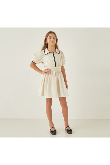 Juniors Solid Collared Dress With Short Puff Sleeves And Piping Detail