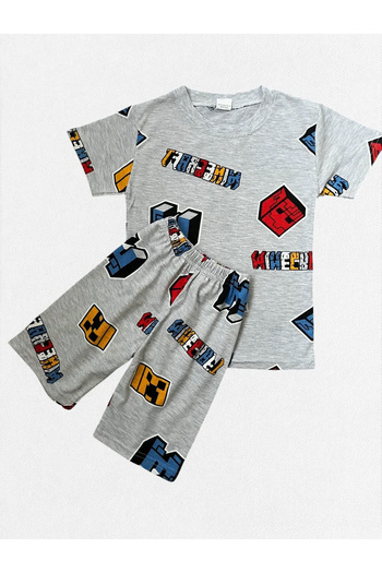 TOFU KİDS Boys' Cotton Gray Color Block Game Patterned Short Sleeve Shorts Summer Pajama Set