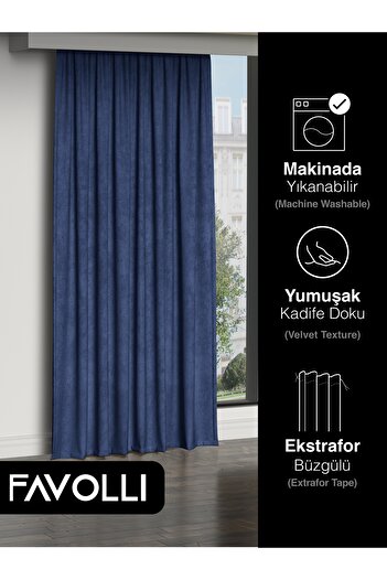 FAVOLLİ Kadife Dokulu Safir Rengi Ada Fon Perde Ekstrafor Büzgülü Dream Series