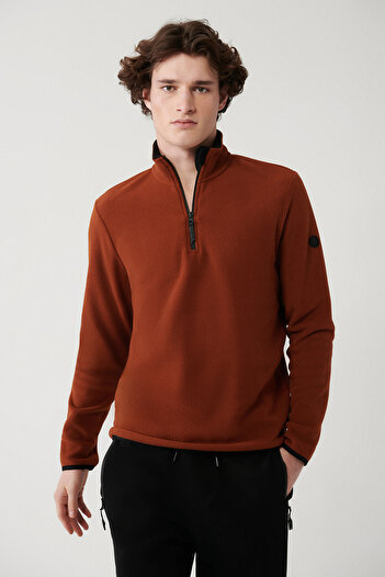 Avva Men's Tile Cold Resistant Half Zipper Stand Collar Fleece Sweatshirt E 001068
