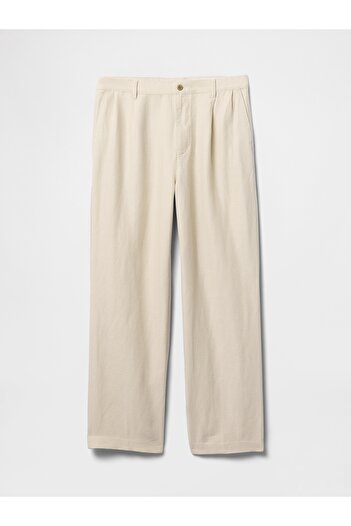 GAP Erkek Bej Keten Pamuk Karışımlı '90s Loose Pileli Khaki Pantolon