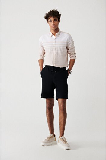 Avva Men's Black 100% Cotton Side Pocket Elastic Waist Linen Textured Shorts E 003603