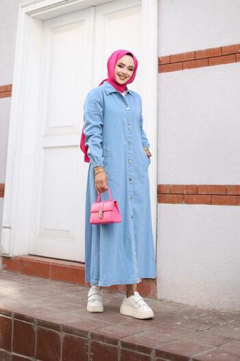 HARMAN BUTİK Women's Denim Jeans Trench Coat with Pockets and Buttons