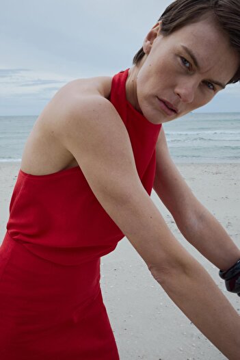 Suud Collection Red Gabriel Halter Collar Linen Blouse