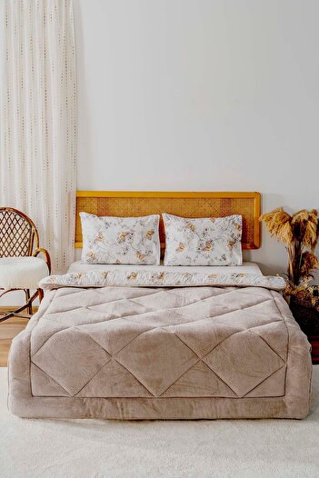 Riva Beige Butterfly Loura Single Double Sided Luxury Wellsoft Quilt Set 155X215 cm