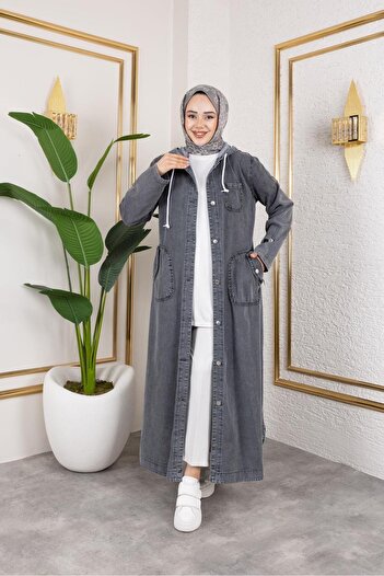 HARMAN BUTİK Kadın Cepli Düğmeli Kapüşonlu Denim Kot Trençkot