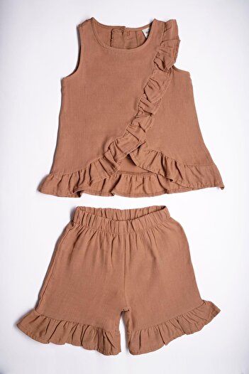 zepkids Brown Color Girl's Shorts Suit with Zero Sleeve Front and Hem Ruffle Detail