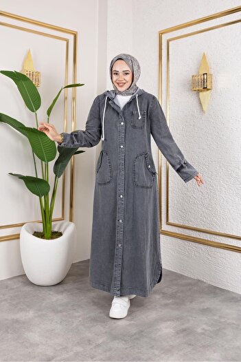 HARMAN BUTİK Women's Buttoned Hooded Denim Jeans Trench Coat with Pockets