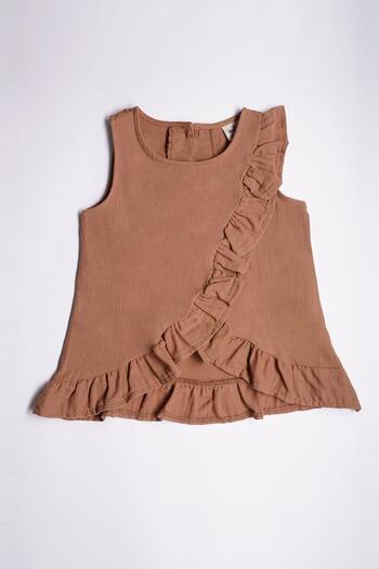 zepkids Brown Color Girl's Shorts Suit with Zero Sleeve Front and Hem Ruffle Detail