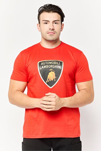Lamborghini Men Crew Neck Short Sleeves Graphic Printed T-Shirt, Red