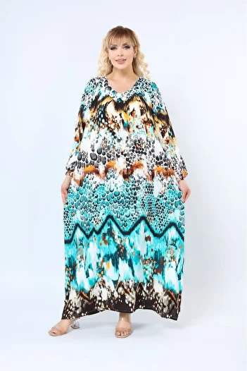 mervemoda Women's Plus Size Printed Summer Woven Long Sleeve Long Length Dress