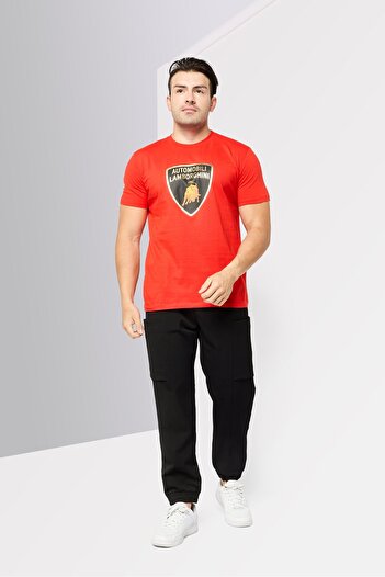 Lamborghini Men Crew Neck Short Sleeves Graphic Printed T-Shirt, Red