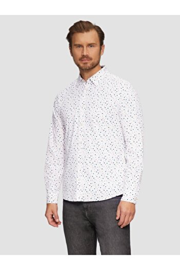 s.Oliver Men's long-sleeved shirt, Slim fit cut and moon phases print, White, S
