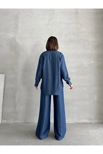 Miss Prova Denim Shirt and Elastic Waist Pants Navy Blue Two-Piece Suit Misstklac941