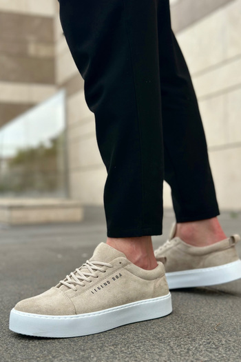 BOUIS Men's Beige White Suede Daily Lace-Up Orthopedic Flexible Comfortable Thick Sole Classic Sports Shoes Sneaker