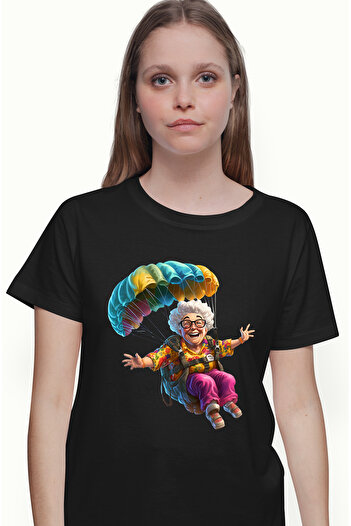 StoryGift Romania Tricou Femei Cu O Femeie In Varsta Care Se Da Cu Parasuta, Ilustratie, Senzatii Blk_m