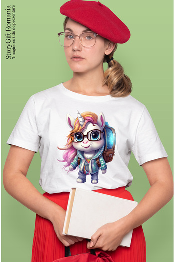 StoryGift Romania Tricou Femei Cu Un Unicorn Care Se Duce La Scoala, Ghiozdan, Ochelari, Tocilara, Wht_l