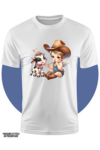 StoryGift Romania Children's T-shirt with a baby holding an arrow, illustration, a cow standing next to him, flowers P