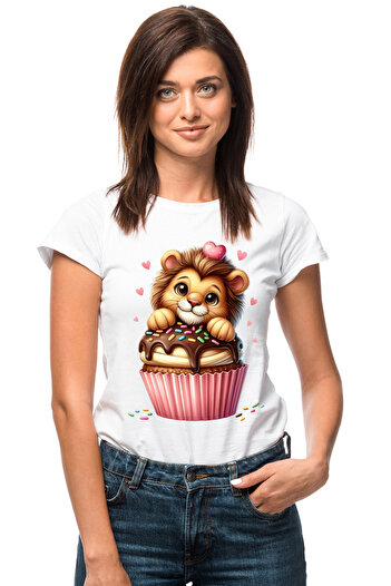 StoryGift Romania Women's T-shirt with a lion standing next to a muffin, illustration, hearts, sweet, yes WHT_M,STG45155