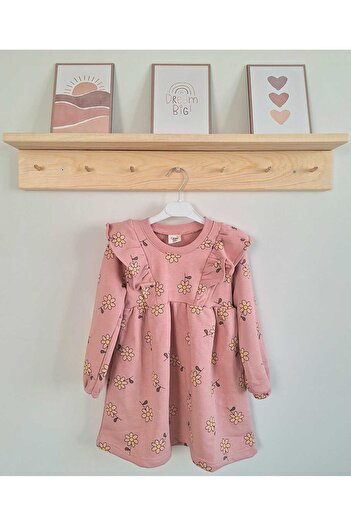 Nimini Kids Özel Gün Kalın Çiçek Baskılı Fırfır Detaylı 3 İplik Kız Çocuk Elbise