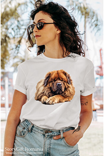 StoryGift Romania Tricou Femei cu un caine Chow Chow blanos, ilustratie, doarme dus, oboseala, noa WHT_L