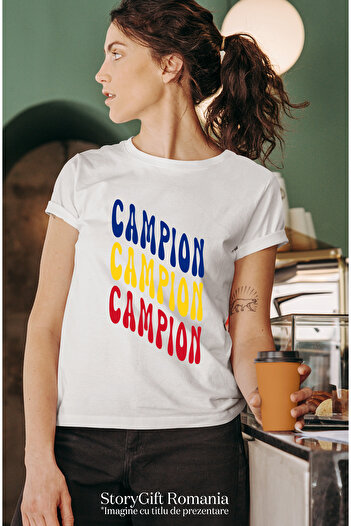 StoryGift Romania Tricou Femei Cuvantul Campion, in Culorile Steagului Romaniei, Rosu, Galben, Alb WHT_L