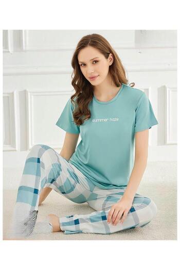 Mihra Women's Cycling Collar Mi̇lan Lycra Short Sleeve Pajama Set 50107Turquoise - 1 Piece
