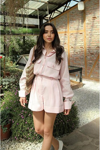 Havoş Pink Raw Linen Shirt with Front Pocket