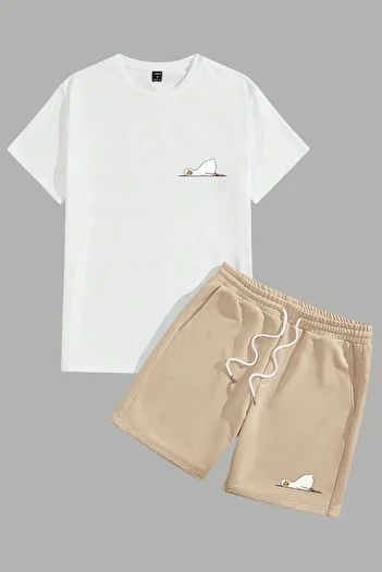 MELADYAN Lying Duck Printed White T-Shirt Beige Shorts Top and Bottom Set