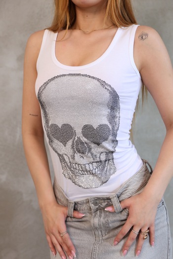 RICH GLAM Slim Fit Skull Crystal Stone Design Cotton Women's Thick Strap Sleeveless T-Shirt Undershirt Black