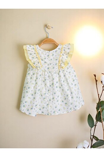 çilek bebe Kız Bebek %100 Pamuklu Çiçek Desenli Omzu Fırfırlı Elbise