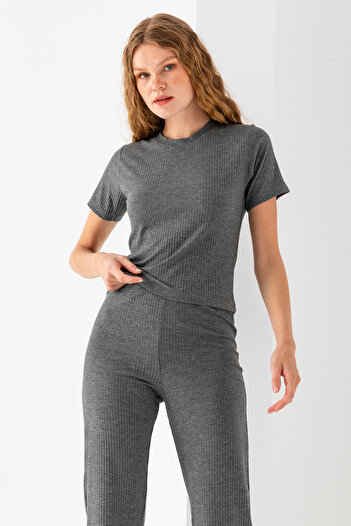 GİYSA Women's Short Sleeve Elastic Waist Double Suit Anthracite - 25793