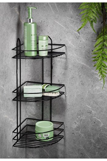 Sas Haus 3-Tier Black Adhesive Bathroom Corner Shelf Organizer, Shampoo Dispenser, Stainless Metal Corner Shelf Shower Shelf